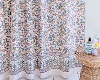 Floral Shower Curtains, Indian Shower Curtain, Asian Curtains, Hand Block Curtain, Cotton Curtain, Block Printed Curtain ~ Enchanted Ivory
