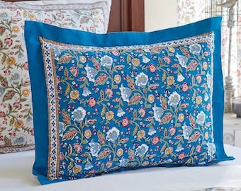 Funda de almohada con estampado de bloques, funda de almohada estándar, funda de almohada de algodón, funda de cojín floral azul, estampado de bloques indio, estilo rústico ~ Azul encantado