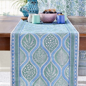 Summer Table Runner, Batik Table Runner, Indian Blockprint Table Runner, Green Blue Tablescape, Kitchen Gift, Outdoor Decor ~ Woodland Ferns