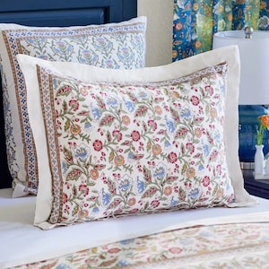 Floral Pillow Sham, Handblock Pillow Case, Whimsical Bedding, Block Print Cushion Cover, Botanical Pillow, Cottagecore, Enchanted-Ivory