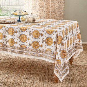 Indian Table Decor, Orange Tablecloth, Rectangle Tablecloth, Block Print Tablecloth, Batik Tablecloth, Kitchen Gift, Garden Decor-Versailles