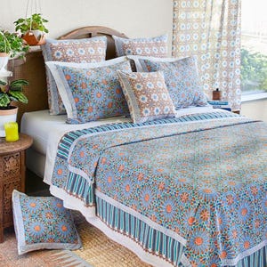 Mosaique Bleue ~ Moroccan Bedspread, Moroccan Bedding, Blue Bedspread, Block Printed, Indian Bedspread, Moroccan Coverlet, Hand Blocked