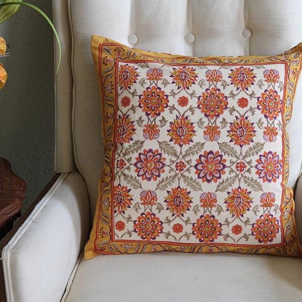 Orange Blossom ~ Persian Cushion, Handblock Printed Throw Pillow, Dorm Decor, Indian Cushion, Persian Pillow Case, Ethnic Pillow, Terrace