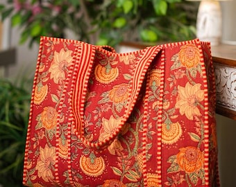Quilted Shopping Bag, Cotton Tote Bag, Travel Handbag, Big Grocery Bag, Summer Handbags, Bag Sangria Blooms ~ 10 designs available