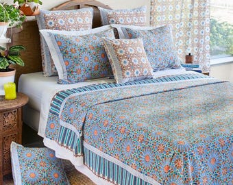 Moroccan Bedspread, Moroccan Bedding, Blue Bedspread, Block Printed, Indian Bedspread, Moroccan Coverlet, Hand Blocked ~ Mosaique Bleue
