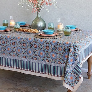 Moroccan Tablecloth, Batik Tablecloth, Block Print Tablecloth, Indian Print Tablecloth, Kitchen Gift, Garden Decor - Mosaique Bleue