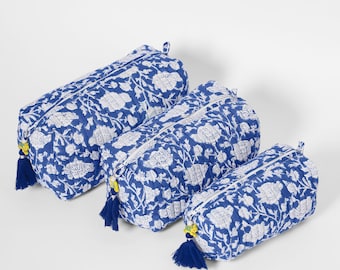 Set Of 3 Quilted Toiletry Makeup Bags ~ Handcrafted cosmetic bags, block printed in India, Blue Poppy ~ 14 designs available