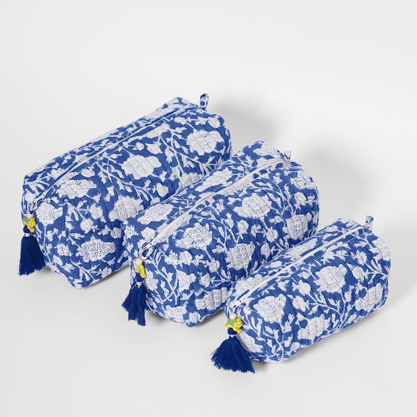 Set Of 3 Quilted Toiletry Makeup Bags ~ Handcrafted cosmetic bags, block printed in India ~ Blue Poppy