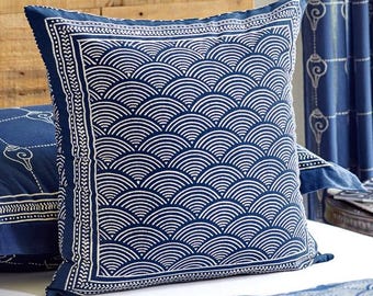 Oriental Pillow Cover, Ocean Wave Pillow Cover, Greek Blue Handmade Throw Pillow, Summer Style, Block Printed India ~ Pacific Blue
