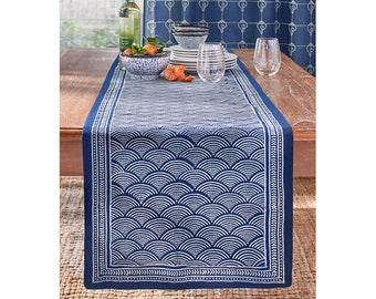 Blue Table Runner, Block Printed Table Linens, Indian Table Runner, Batik Table Runner, Nautical Table Linen, Summer Style - Pacific Blue