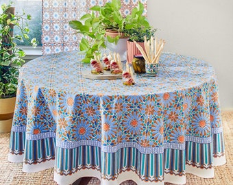 Persian Tablecloth, Oriental Tablecloth, Block Printed Table Cover, Round Tablecloth, Outdoor & Garden, Moroccan Tablecloth - Mosaique Bleue