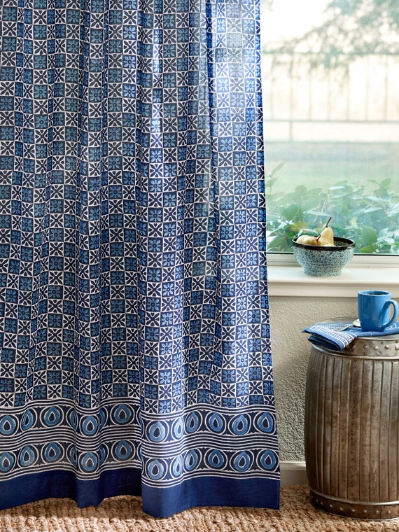 Blue Batik Curtains Cotton Curtain, Indian Print Cotton Shower Curtain