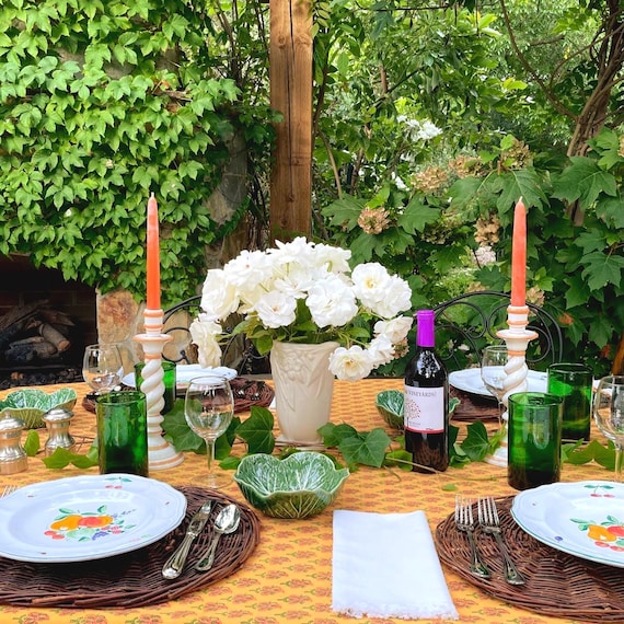 Orange Tablecloth, Rectangle Tablecloth, Indian Block Print, Kantha Table Cloth, Kitchen Gift, Gift For Grandparent~ Indian Summer