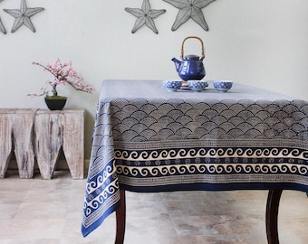 Batik Blue Tablecloth, Nautical Tablecloth, Block Printed Table Linens, Rectangle Tablecloth, Indigo Blue Printed Tablecloth ~ Pacific Blue