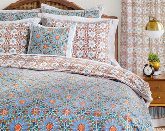 Moroccan Duvet Cover, Indian Block Printed Duvet Cover, Kantha Duvet Cover, Duvet Cover, Cottagecore Duvet Cover - Mosaique Bleue