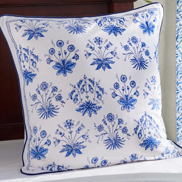 English Gardens ~ Euro Sham, Blue Floral Throw Pillow, Indian Printed Pillow Case, Decorative Sofa Pillow, Minimalistic Pillow,Above The Bed