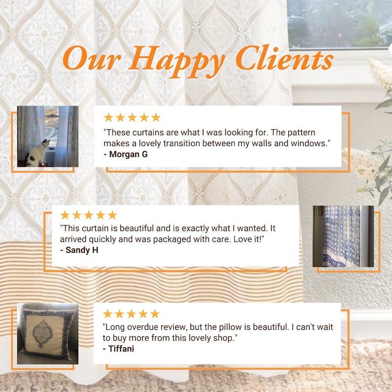 May include: A collage of customer reviews with five-star ratings for curtains, a pillow, and a throw blanket. The reviews highlight the quality, beauty, and timely delivery of the products.