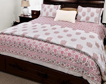Pink Jaipuri Razai Quilt, Pink Floral Blanket, Block Printed Quilted Blanket, Reversible Quilt, Quilted Beds, Bedding Quilt~Dahlia Daydreams