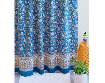 Shower Curtains, Indian Block Print Curtains, Moroccan Shower Curtain, Boho Curtains, Home Improvement, Bathroom ~ Enchanted - Blue