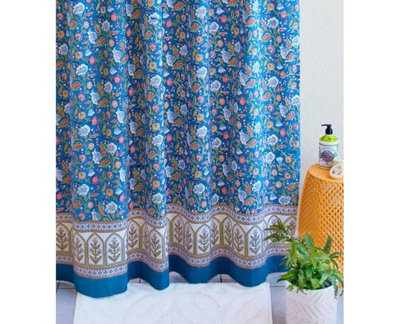 Block Print Shower Curtain, Indian Curtains, Moroccan Shower Curtain, Boho Curtains, Home Improvement, Bathroom Curtains ~ Enchanted - Blue