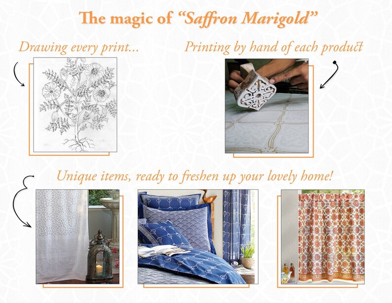 May include: A collection of home decor items featuring a hand-drawn floral print. The print is inspired by the Saffron Marigold flower. The items include curtains, bedding, and a shower curtain. The text "The magic of "Saffron Marigold"" is at the top of the image. The text "Drawing every print..." is in the top left corner of the image. The text "Printing by hand of each product" is in the top right corner of the image. The text "Unique items, ready to freshen up your lovely home!" is in the center of the image.