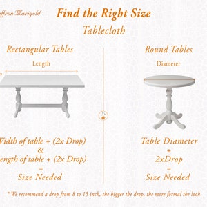 May include: Diagram showing how to calculate the right tablecloth size for rectangular and round tables.  The diagram shows a white rectangular table with the words "Width" and "Length" labeled.  The diagram also shows a white round table with the word "Diameter" labeled.  The text below the tables explains how to calculate the tablecloth size needed by adding the table width or diameter plus twice the desired tablecloth drop.  The text also recommends a tablecloth drop of 8 to 15 inches.