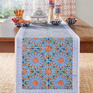 May include: A white table runner with a blue and brown geometric pattern. The pattern features a repeating design of stylized flowers with orange centers. The runner is laid on a wooden table with a bowl of nuts and a ceramic dish with a lid.