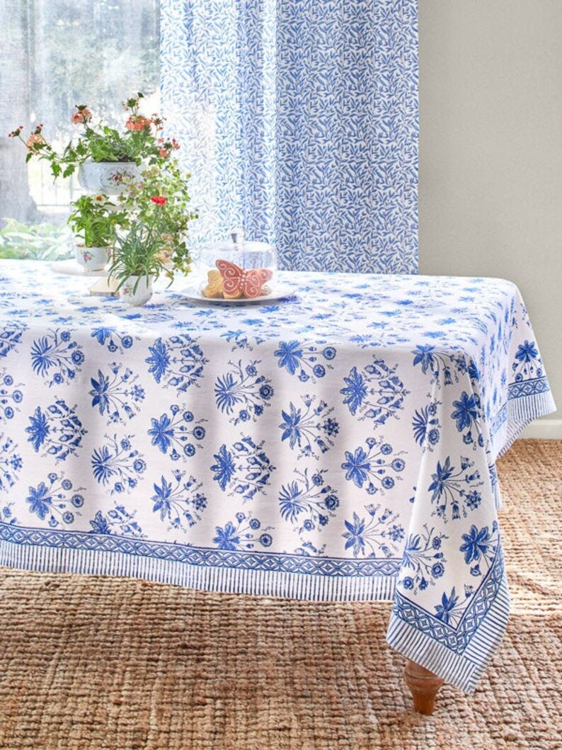 Handblocked tablecloth with blue color and floral elements
