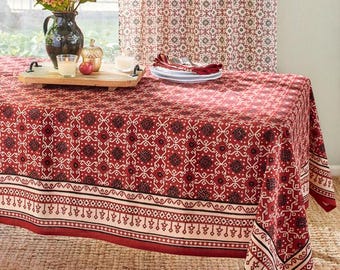 Red Cotton Tablecloth ~ Handcrafted Indian artisanal textiles, block printed in India ~ Ruby Kilim