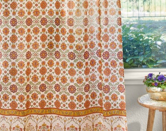 Indian Block Print Curtains, Orange Floral Curtain, Spring Home Decor, Mustard Cotton Curtain, Rustic Modern Cotton Curtain ~Orange Blossom