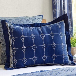 Navy Blue Pillow Sham, Oriental Print Pillow, Asian Pillow Sham, Nautical Decor, Ocean Wave Block Print, Indian Cushion Cover ~ Pacific Blue Pacific Blue (CP)