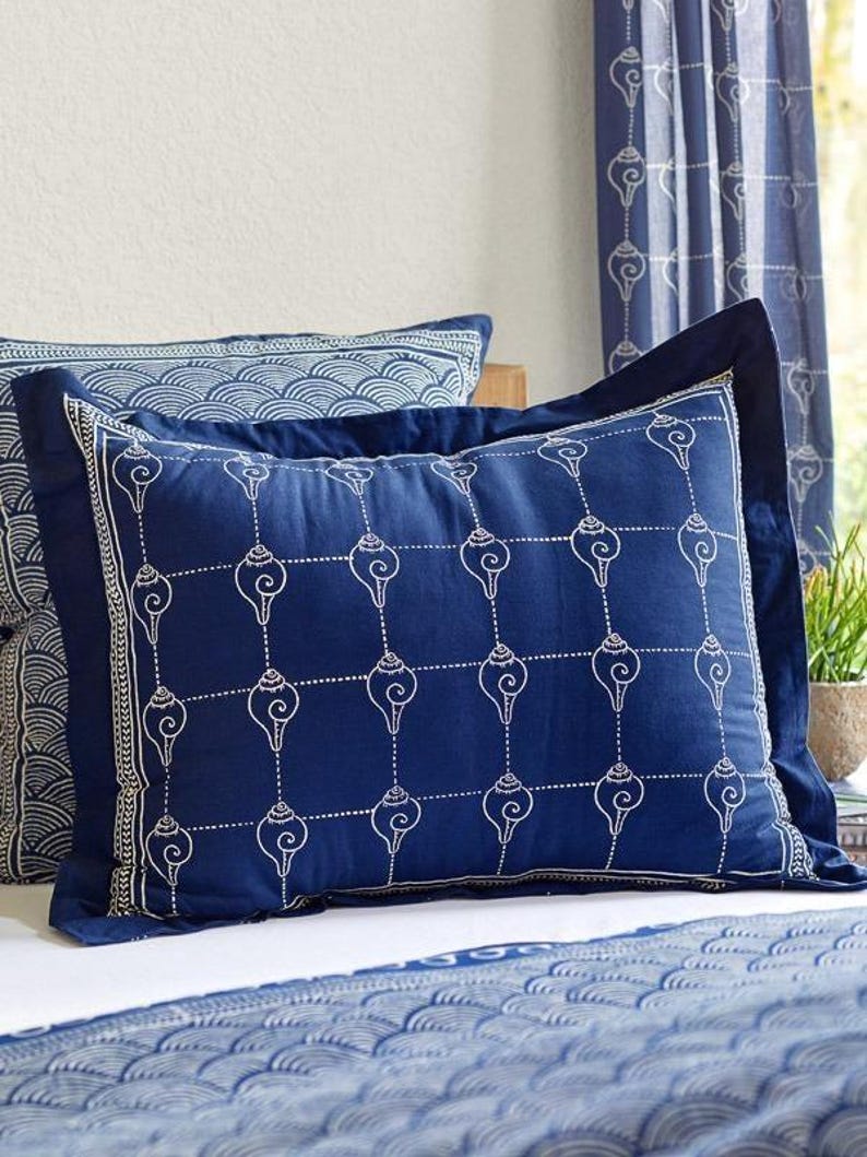 Navy Blue Pillow Sham, Oriental Print Pillow, Asian Pillow Sham, Nautical Decor, Ocean Wave Block Print, Indian Cushion Cover ~ Pacific Blue Pacific Blue (CP)