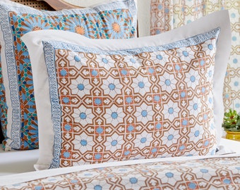 Mosaique Bleue (CP) ~ Moroccan Tiled Throw Pillow, Ethnic Print,  Patterned Pillow Sham, Cotton Fabric Pillow Cover, Block Printed Bed Decor