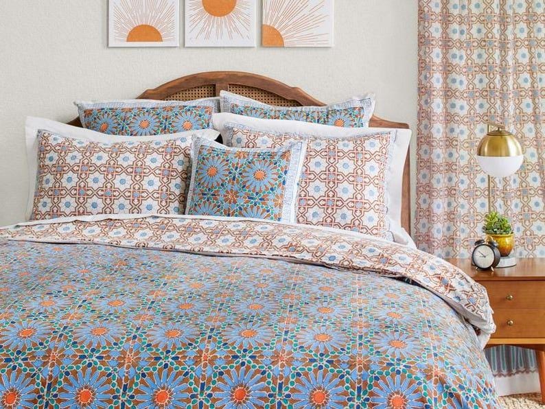 Moroccan Duvet Cover, Indian Hand Block Print Duvet Cover, Boho Bedding, Housewarming Gift, Queen Size, King Size ~ Mosaique Bleue - Sky Mosaique Bleue-Earth