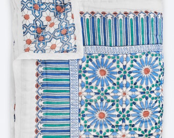 Boho Jaipuri Razai Quilt ~ Luxury bedding and unique woodblock prints, handcrafted in India ~ Mosaique Bleue - Sky