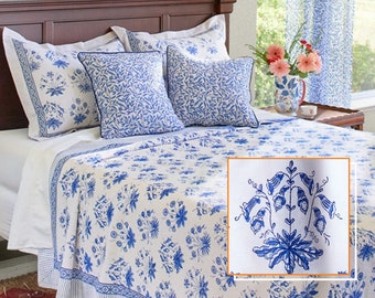 English Gardens Bedspread, Blockprint Blanket, French Provincial Bedspread, Indian Blanket, Floral Bed Coverlet, Cottagecore Blanket