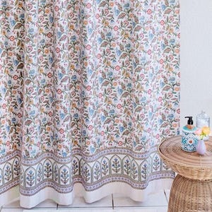 Block Print Shower Curtain, Indian Curtains, Moroccan Shower Curtain, Boho Curtains, Home Improvement, Bathroom Curtains ~ Enchanted - Blue Enchanted - Ivory