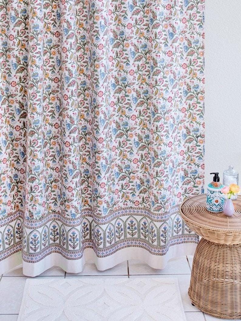 Block Print Shower Curtain, Indian Curtains, Moroccan Shower Curtain, Boho Curtains, Home Improvement, Bathroom Curtains ~ Enchanted - Blue Enchanted - Ivory