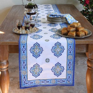 Moroccan Themed Table Runner, White And Blue Table Runner, Indian Hand Block Print, Woodblock Table Cloth, Indian Table Decor ~ Casablanca