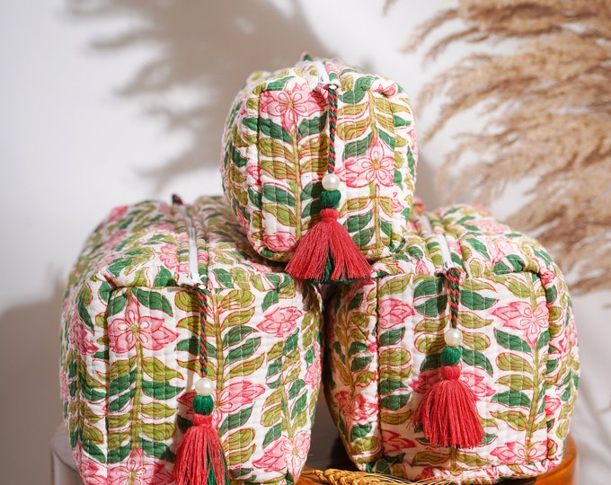 Quilted Toiletry Bags, Travel Quilted Makeup Bags, Set Of 3 Cosmetic Bags, Block Printed, Madagascar Periwinkle Vanilla~14 designs available