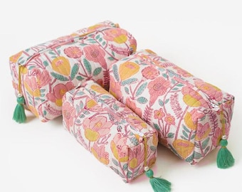 Floral Cosmetic Bag Set, 3 pcs Quilted Toiletry Bags, Bridesmaid Bags, Cosmetic Pouch Set ~ 14 designs available ~ Sunspell Garden
