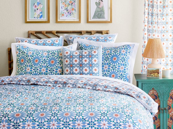 Moroccan Duvet Cover, Indian Hand Block Print Duvet Cover, Boho Bedding, Housewarming Gift, Queen Size, King Size ~ Mosaique Bleue - Sky