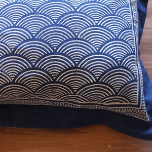 May include: A blue pillow with a white geometric pattern of overlapping semicircles. The pillow has a blue border and a blue backing.