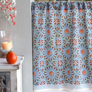 Mosaique Blue cafe curtains for kitchen - Indian block printed kitchen curtains - Moroccan kitchen curtains