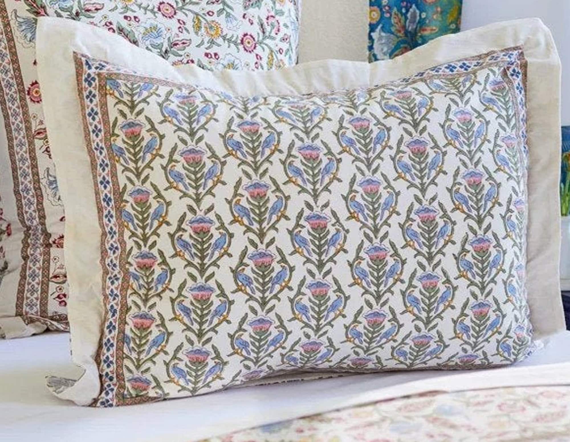 Indian Block Print Pillow Case, French Country Pillow Cover, Floral Pillow Sham, Cottagecore Decor, Boho Pillowcase ~ Enchanted - CP