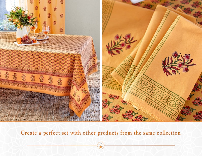 May include: A yellow tablecloth with a floral print and a matching set of napkins. The tablecloth has a border with a repeating pattern of flowers and leaves. The napkins have a similar floral print with a green border.