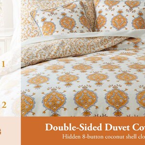 May include: Double-sided duvet cover with a white background and a gold paisley pattern. The duvet cover has a hidden 8-button coconut shell closure.