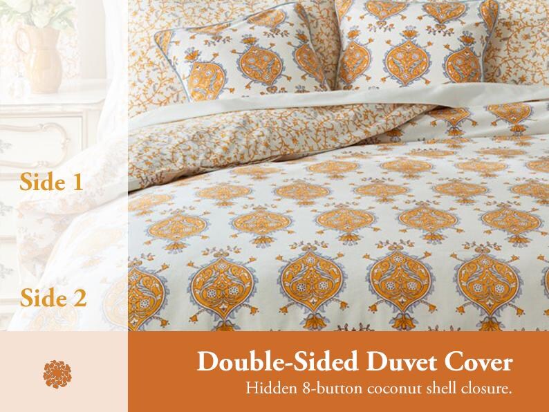 May include: Double-sided duvet cover with a white background and a gold paisley pattern. The duvet cover has a hidden 8-button coconut shell closure.