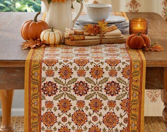Orange Table Runner, Kitchen Gift, Block Print Floral Table Runner, Fall Home Decor, Persian Block Print Tablecloth ~ Orange Blossom