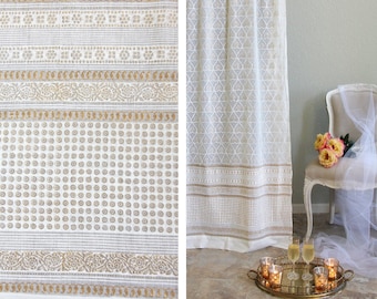 Bridal veil Indian block printed sheer curtains - Rustic modern Sheer curtain in gold - Tab top Sheer curtains